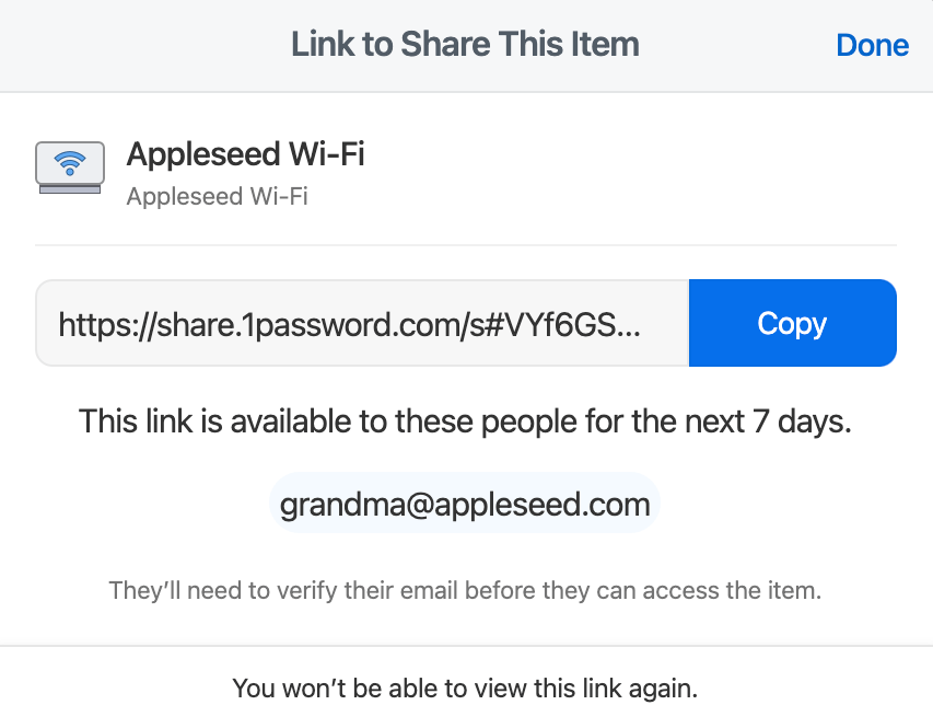 1Password client presents item sharing share link.